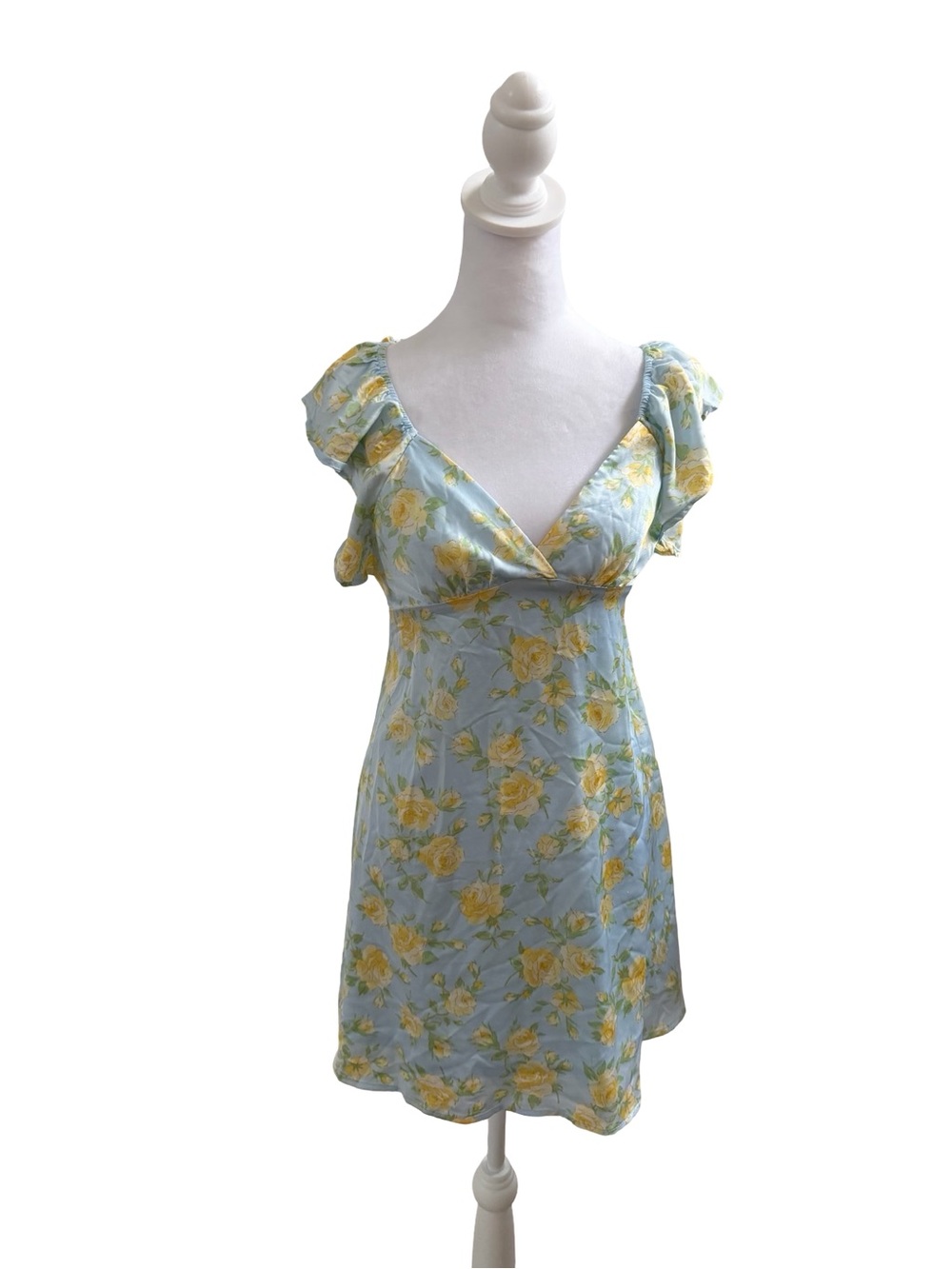 Altar'd State Light Blue Floral V‑Neck Dress Dress with Yellow Roses Size Small